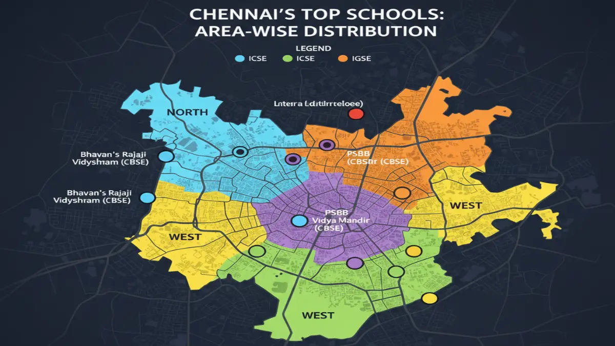 Area-wise distribution of best schools in Chennai across North, South, East, West and Central zones
